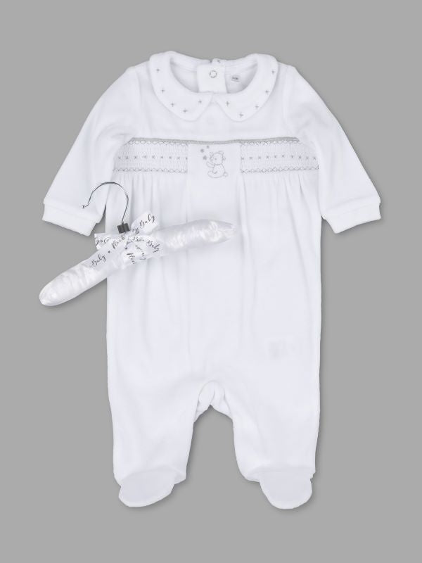 Smocked Teddy Motif Sleepsuit - White