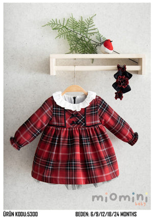 Baby Girls Full Sleeve Tartan Bow Dress & Headband - Red