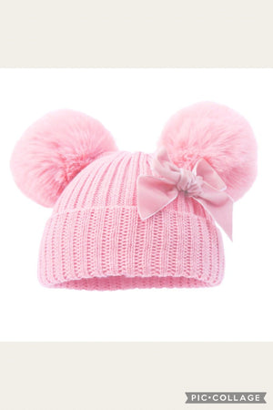 Pom Pom Hat With Velvet Bow - Pink