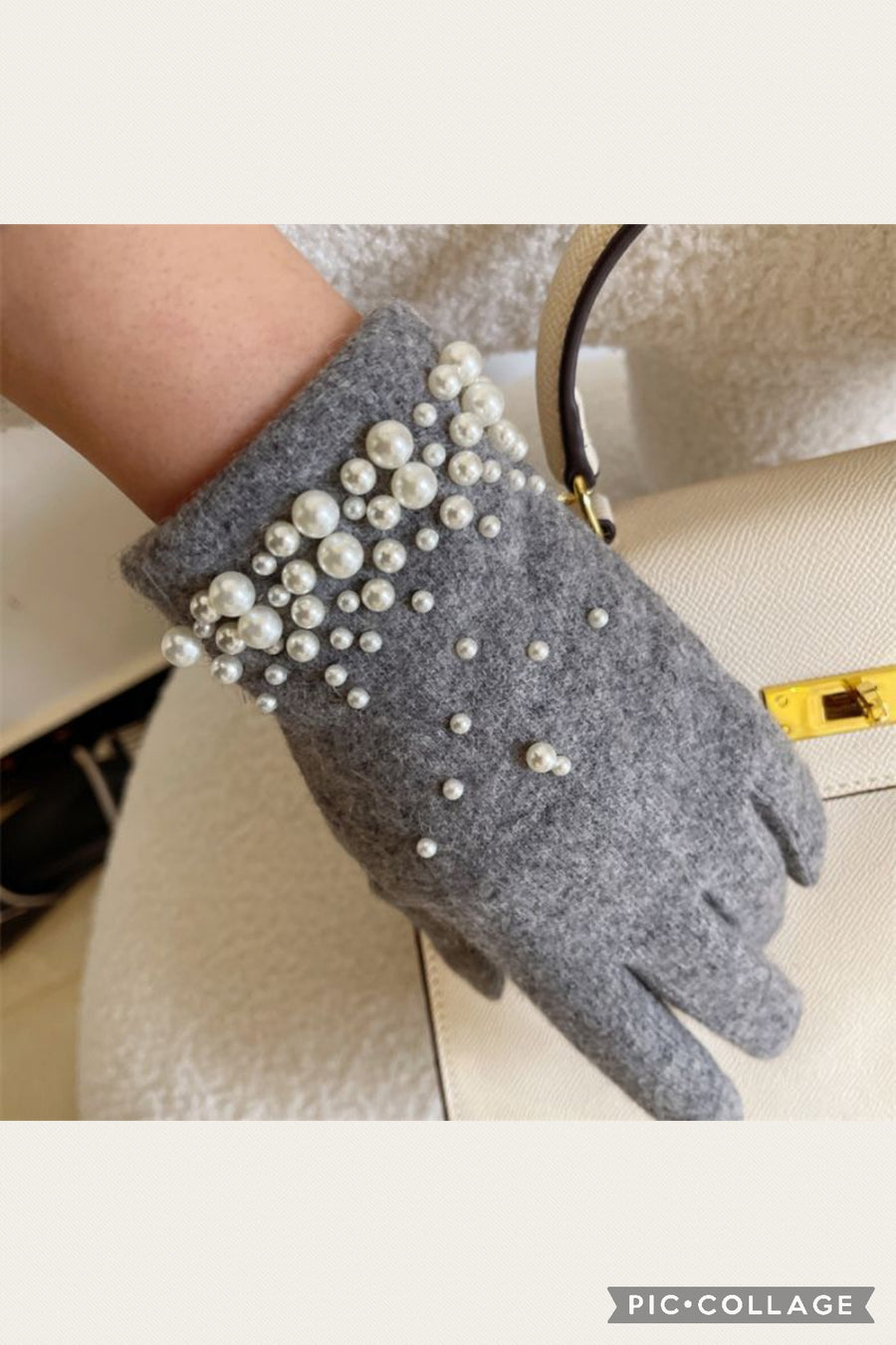 Pearl Embellished Gloves - Grey