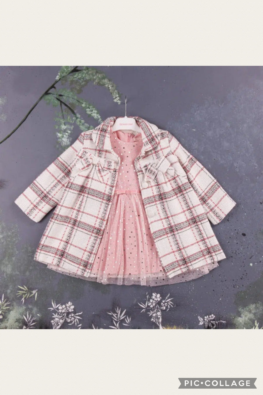 Girls 2 Piece Check Coat & Glitter Net Dress - Pink