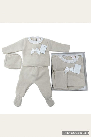 Baby 3 Piece Bow Outfit Box Set - Beige