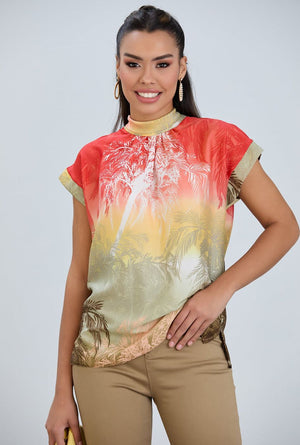 Botanical Print Tie Neck Shirt - Multi