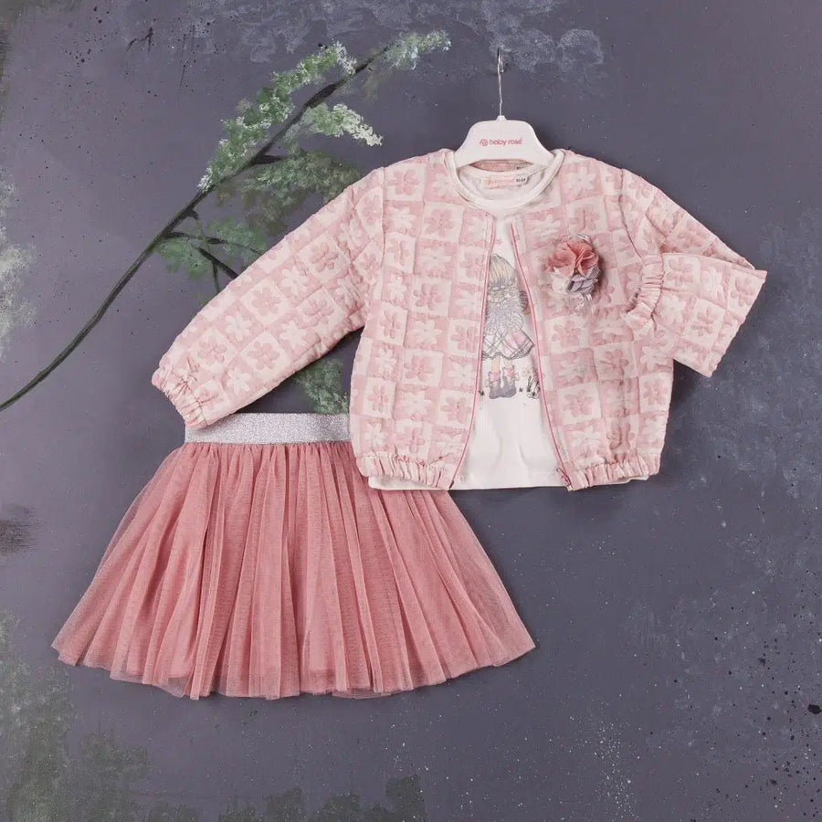 Girls 3 Piece Flower Embossed Jacket & Fairy Skirt Set - Pink