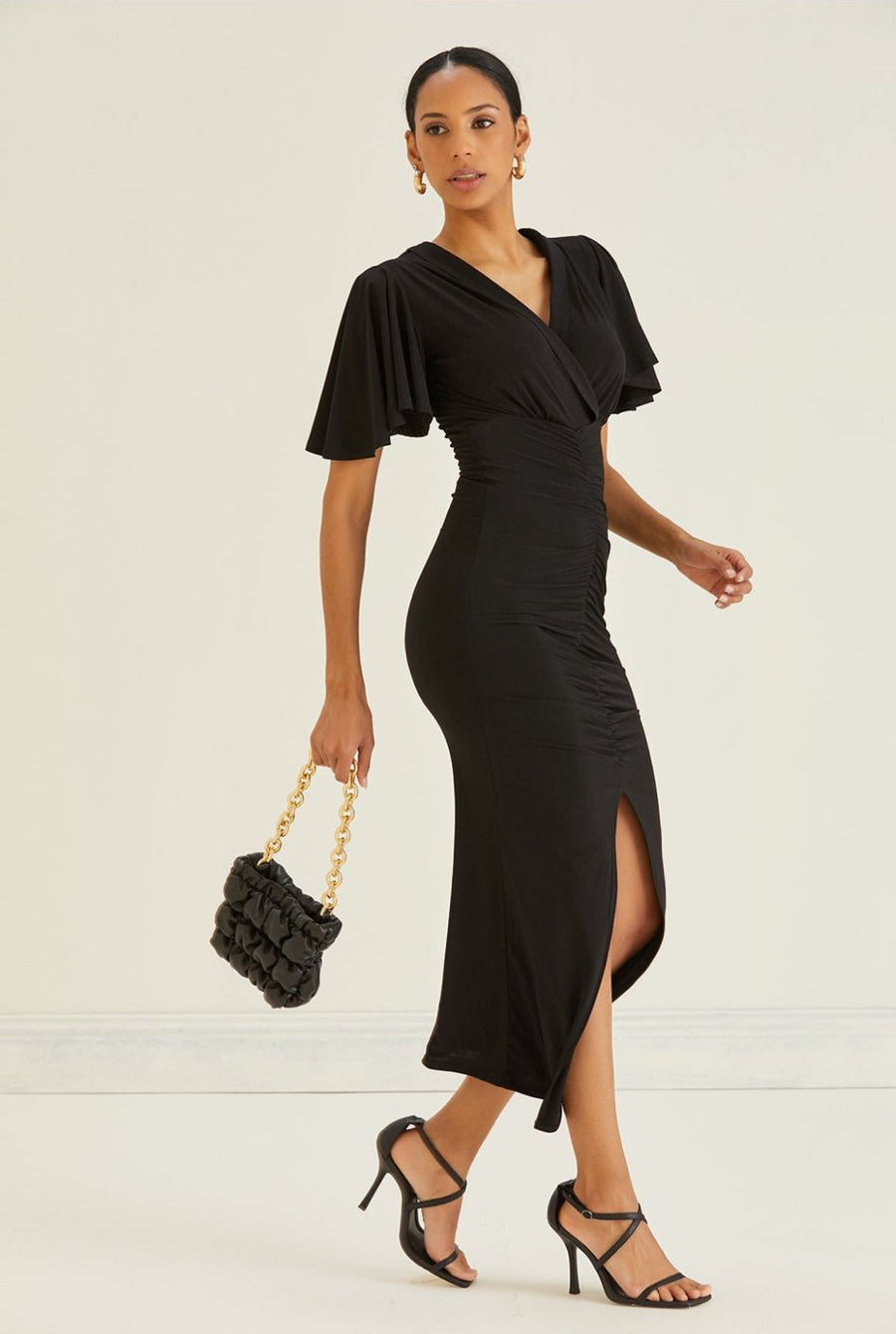 Angel Sleeve Midi Dress - Black