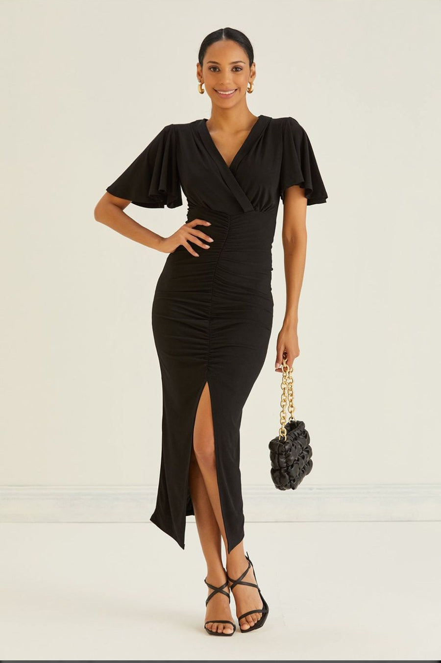 Angel Sleeve Midi Dress - Black