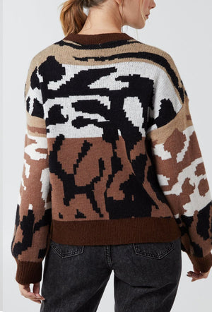 Animal Colour Block Jumper - Brown/Stone