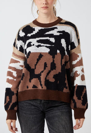 Animal Colour Block Jumper - Brown/Stone