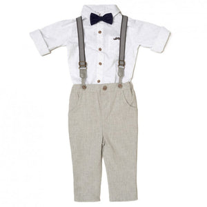 Boys Bodysuit Shirt, Linen Pants & Braces - White/Grey