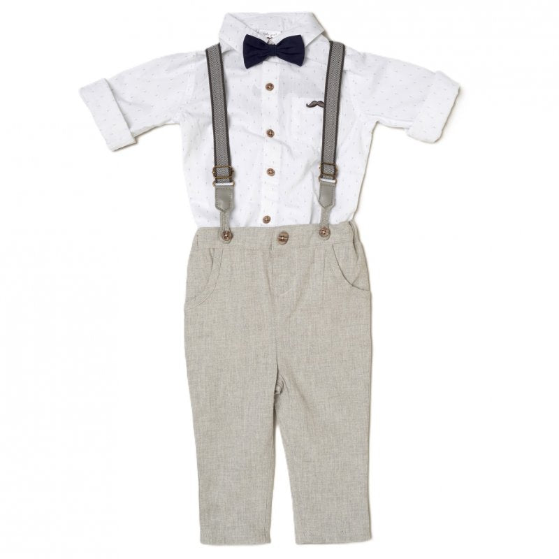 Boys Bodysuit Shirt, Linen Pants & Braces - White/Grey