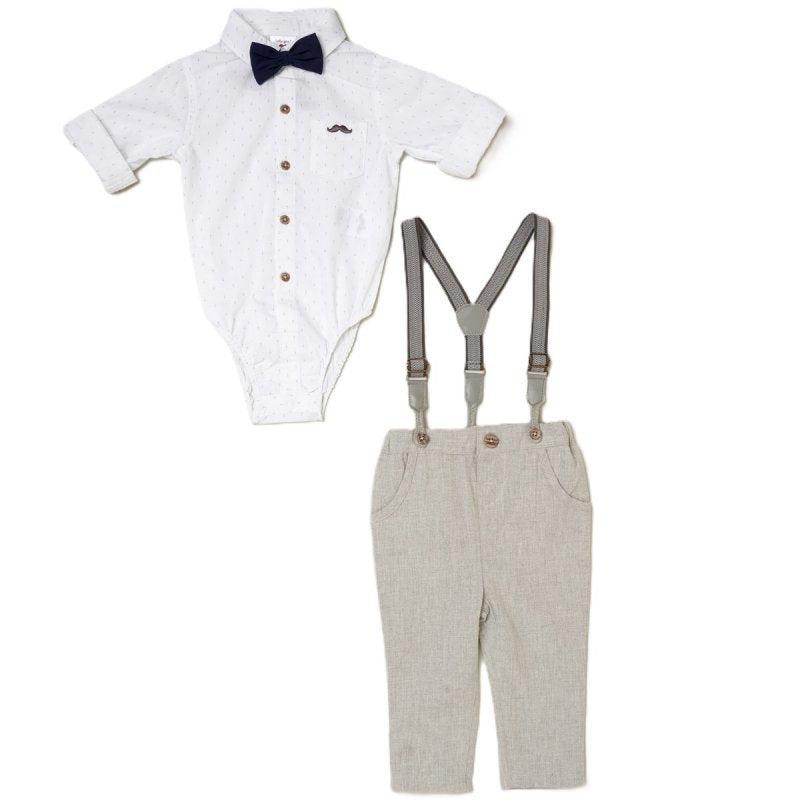 Boys Bodysuit Shirt, Linen Pants & Braces - White/Grey