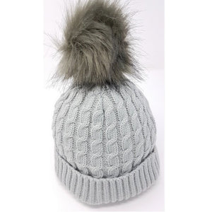 Cable Knit Fur Pom Pom Hat - Grey