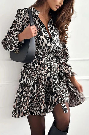 Chloe Leopard Print Belted Frill Dress - Brown