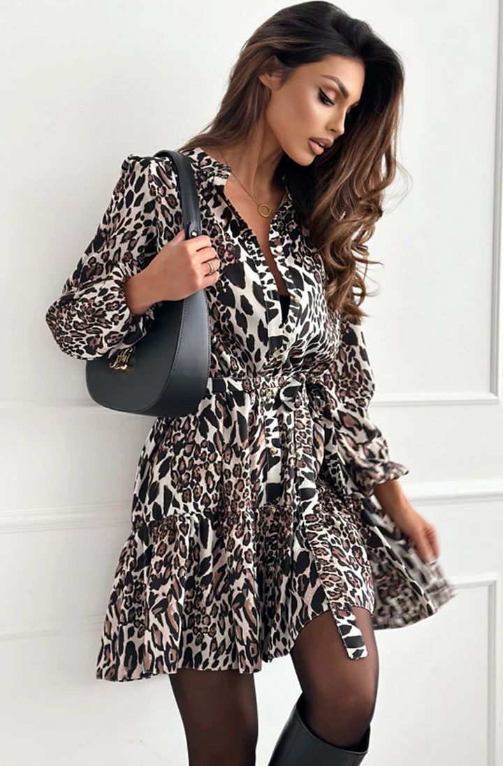 Chloe Leopard Print Belted Frill Dress - Brown