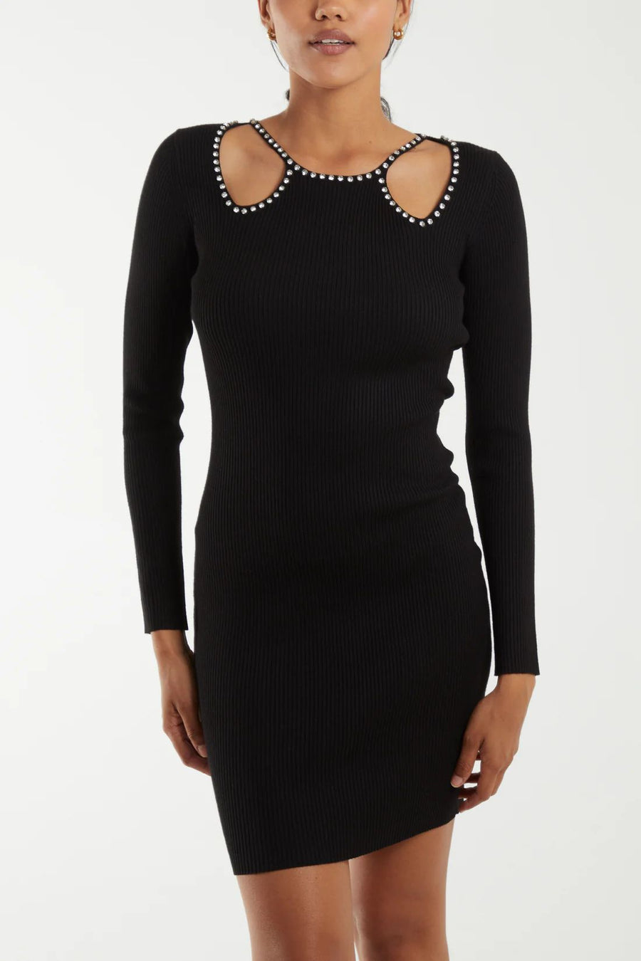 Cut Out Diamante Detail Knitted Dress - Black