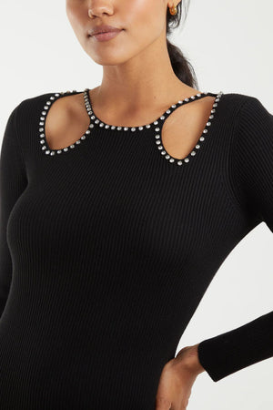 Cut Out Diamante Detail Knitted Dress - Black