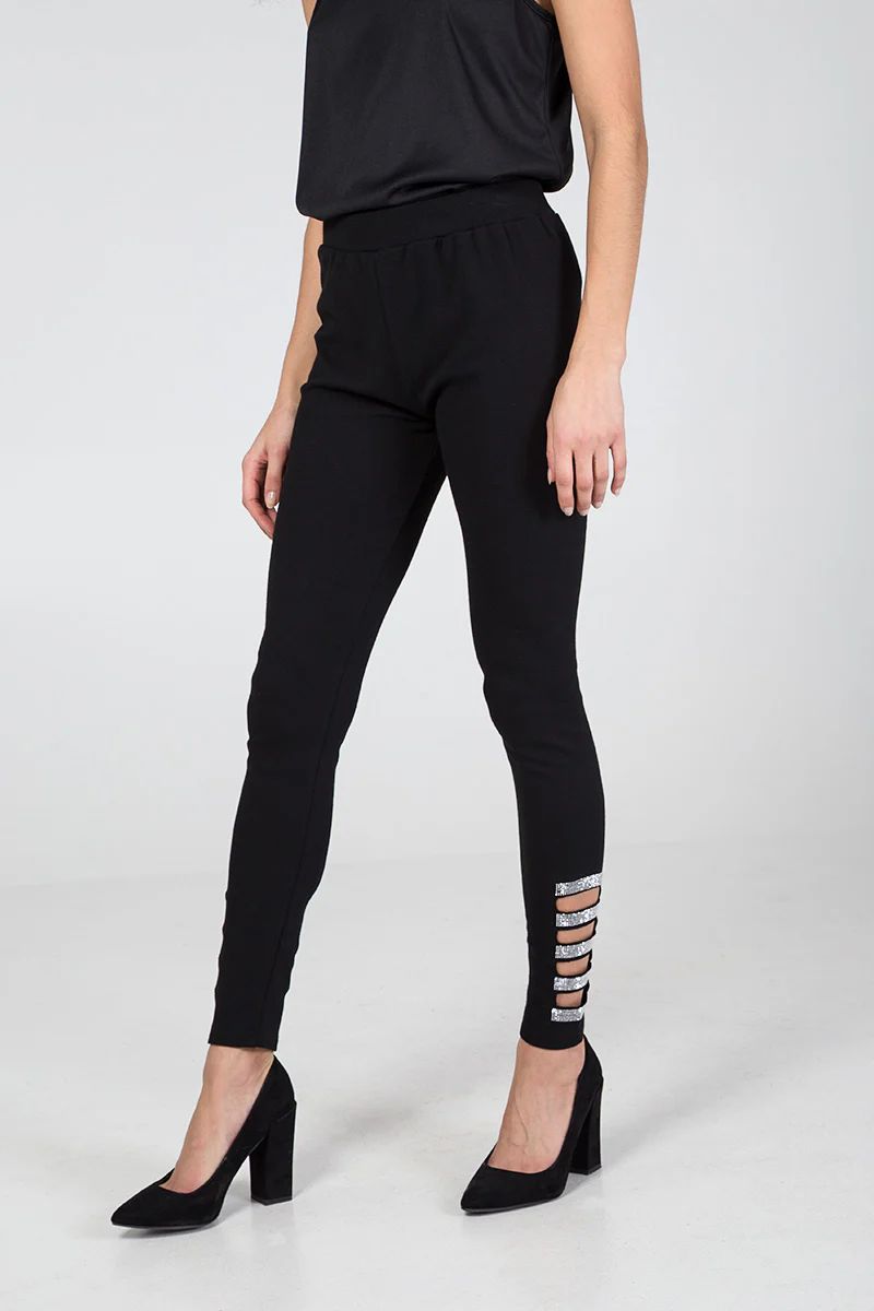 Diamante Ankle Cut Out Leggings - Black