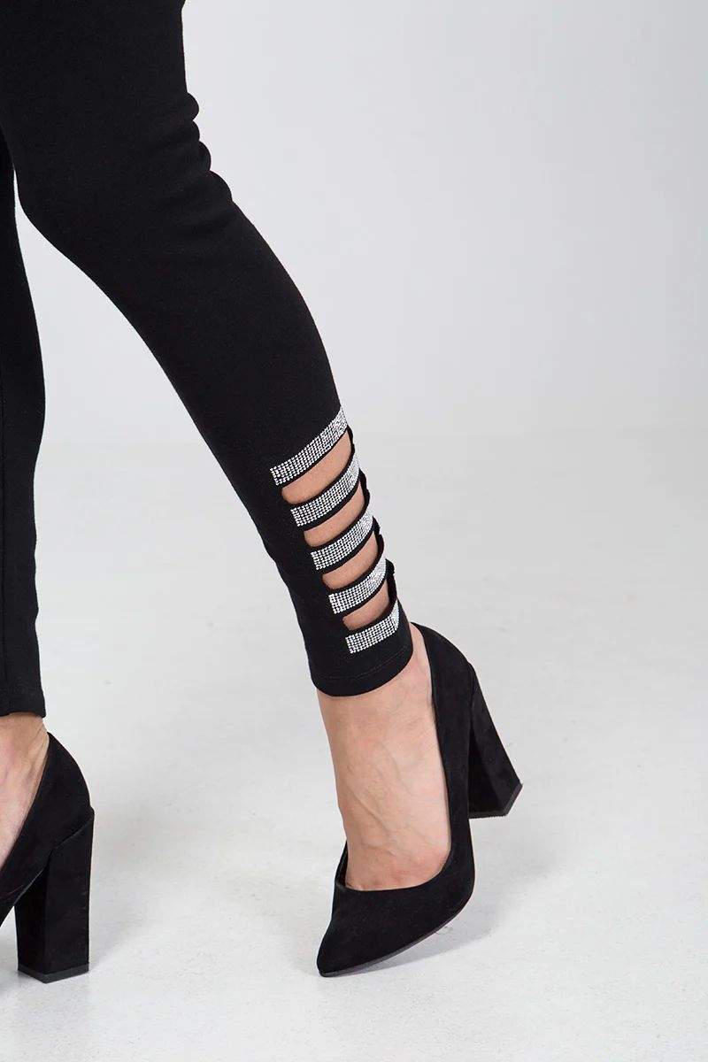 Diamante Ankle Cut Out Leggings - Black