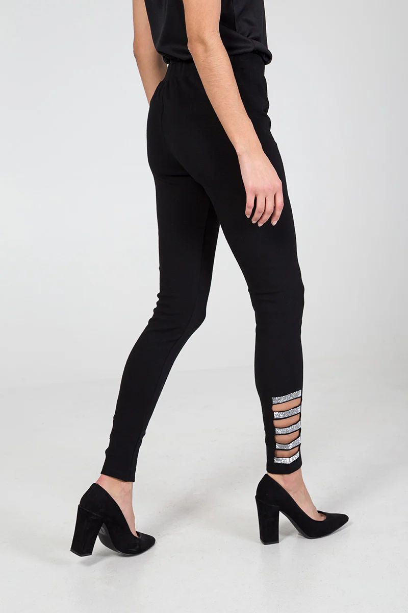 Diamante Ankle Cut Out Leggings - Black