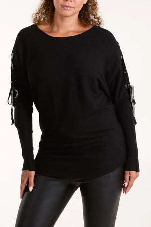 Diamante Criss Cross Tie Sleeve Jumper - Black