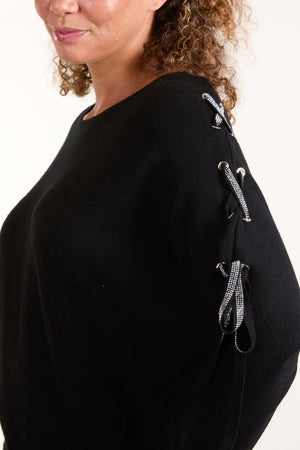 Diamante Criss Cross Tie Sleeve Jumper - Black