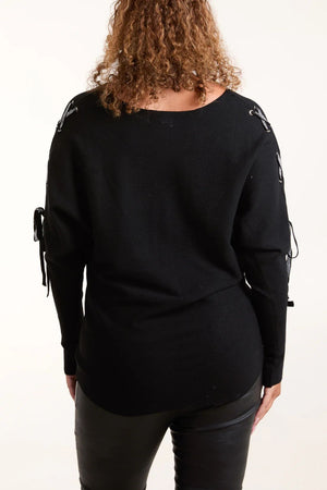 Diamante Criss Cross Tie Sleeve Jumper - Black