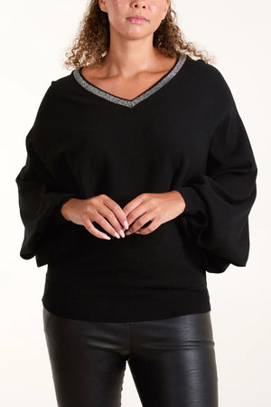 Diamante V Neck & V Back Jumper - Black