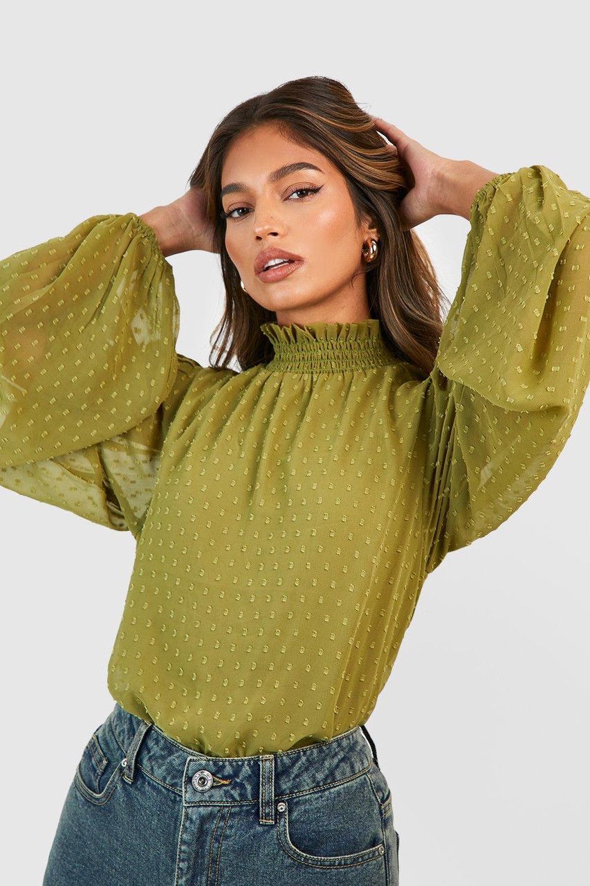 Dobby High Neck Blouse - Olive