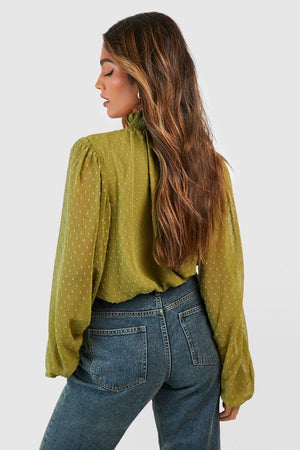 Dobby High Neck Blouse - Olive