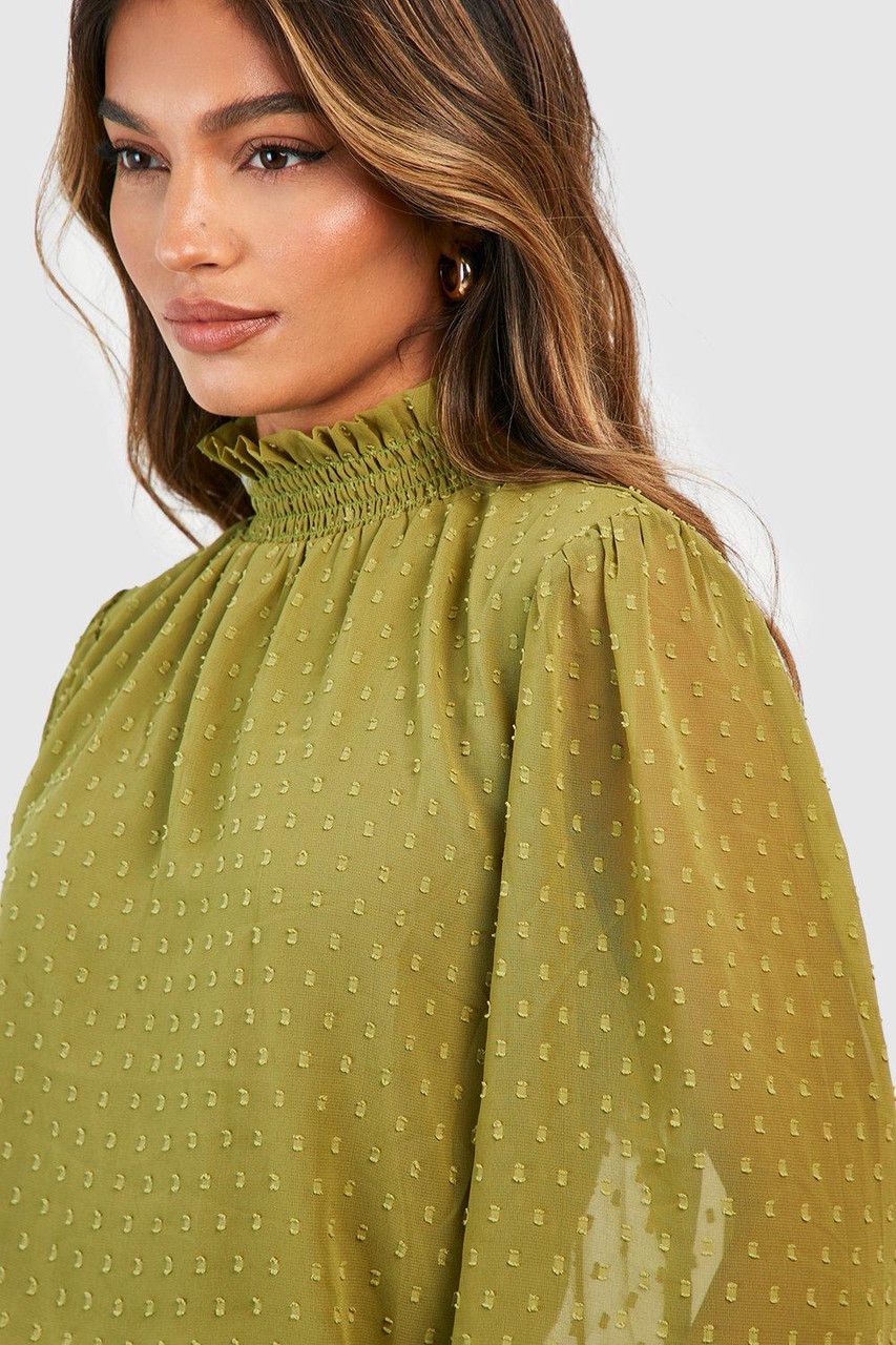 Dobby High Neck Blouse - Olive