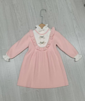 Girls Double Bow Pom Pom Frilly Knitted Dress - Pink