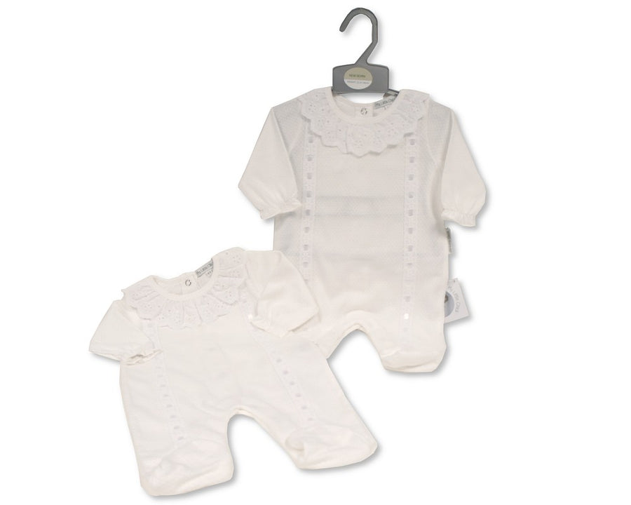 Baby Girls Double Woven Lace Ribbon Sleepsuit- White