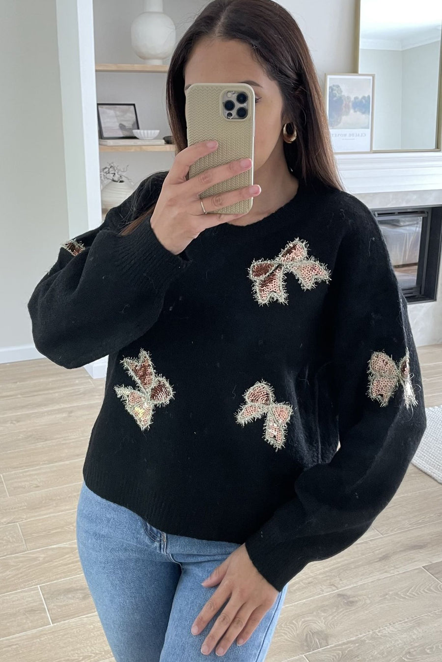 Embroidered Sequin Bows Jumper - Black