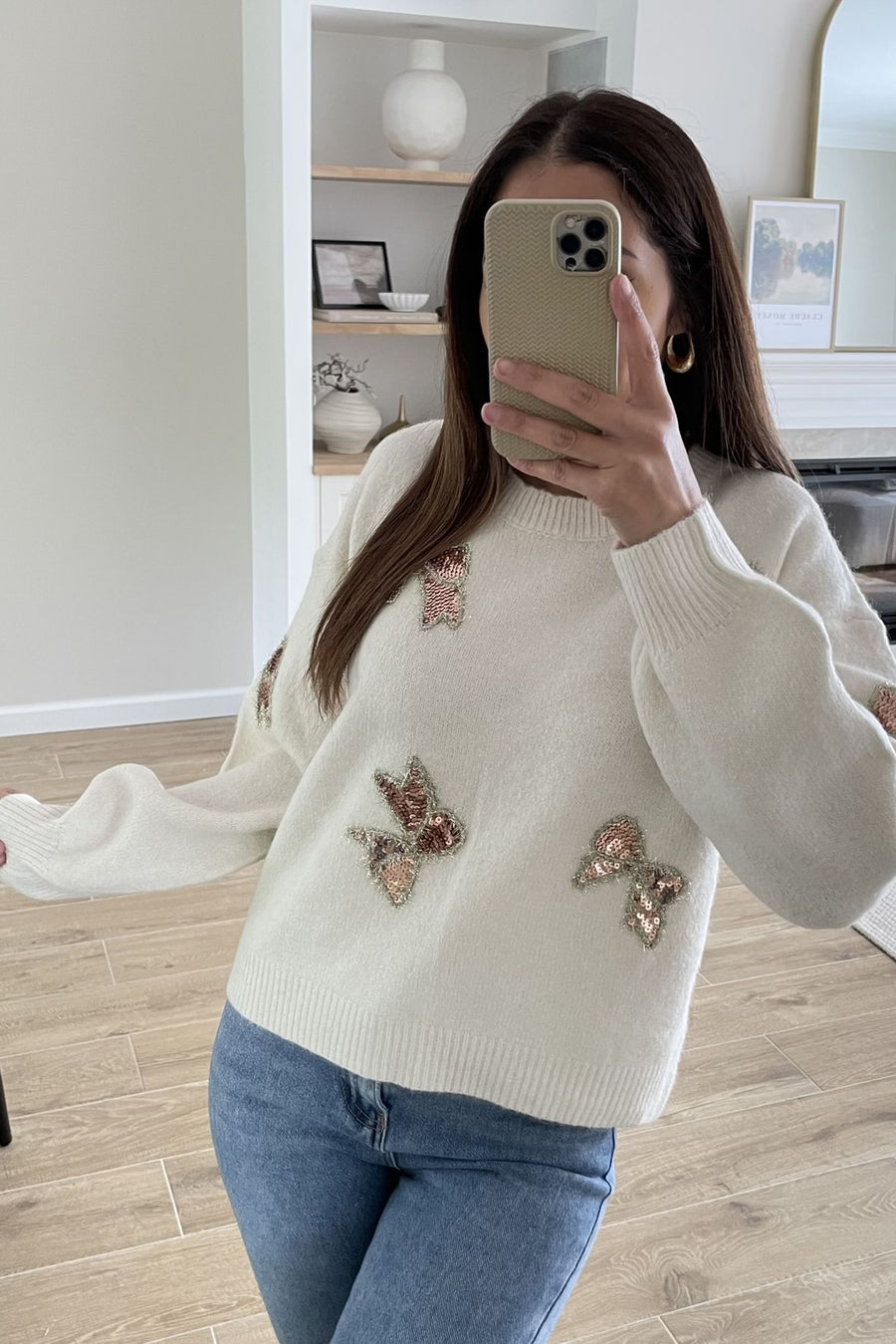 Embroidered Sequin Bows Jumper - Cream