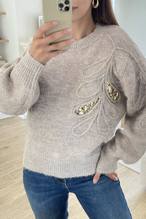 Embroidered Sequin Leaf Stem Jumper - Taupe