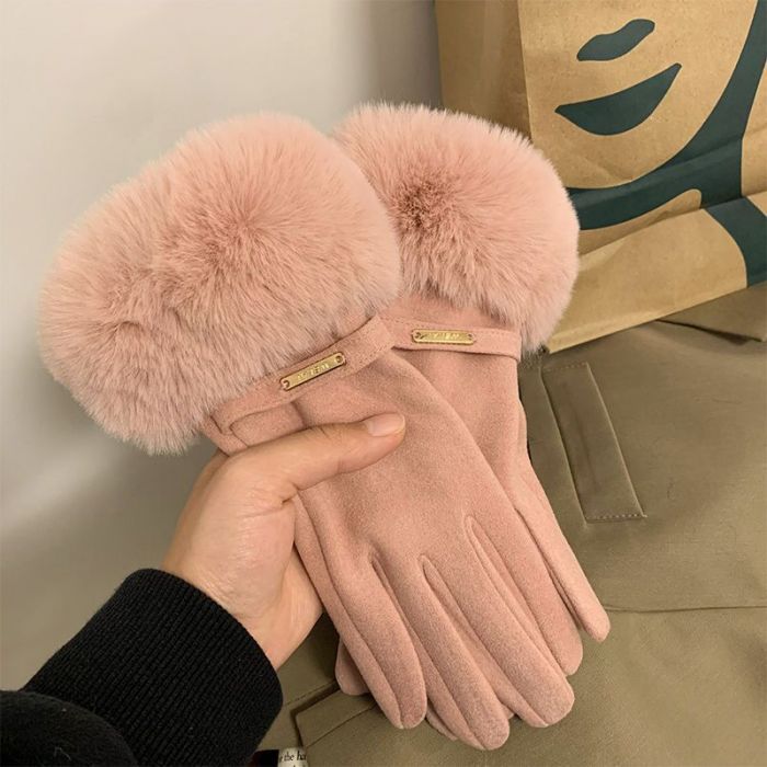 Faux Fur & Belt Detail Gloves - Pink