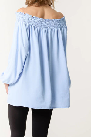 Floaty Long Sleeve Bardot Blouse - Light Blue