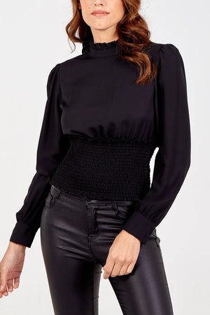 Frill Collared Shirred Top - Black