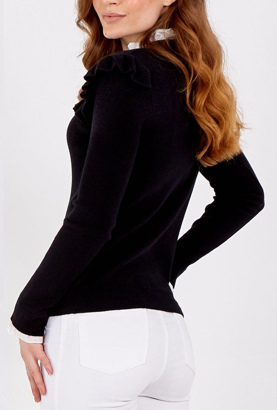 Frill Detail Jumper With Neck Tie - Black