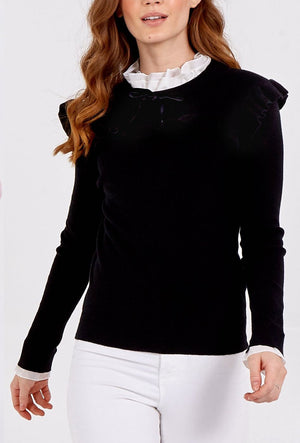 Frill Detail Jumper With Neck Tie - Black