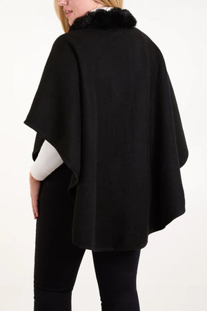 Fur Trim Wrap Cape - Black