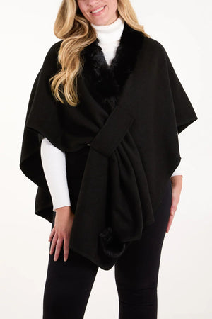 Fur Trim Wrap Cape - Black