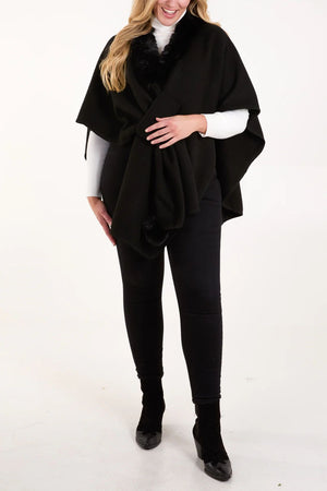 Fur Trim Wrap Cape - Black