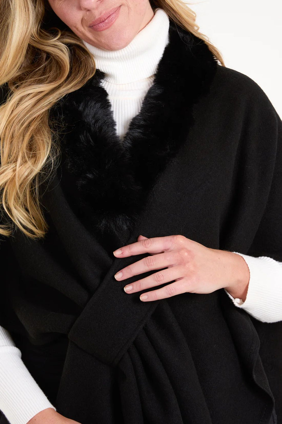 Fur Trim Wrap Cape - Black