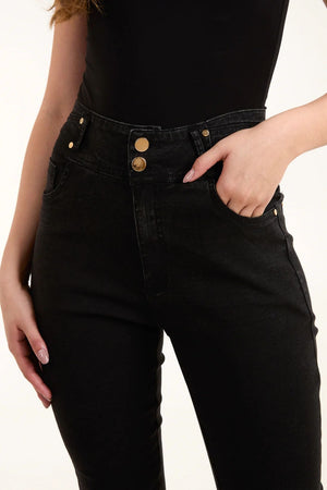 Gold Button High Waisted Jeans - Black