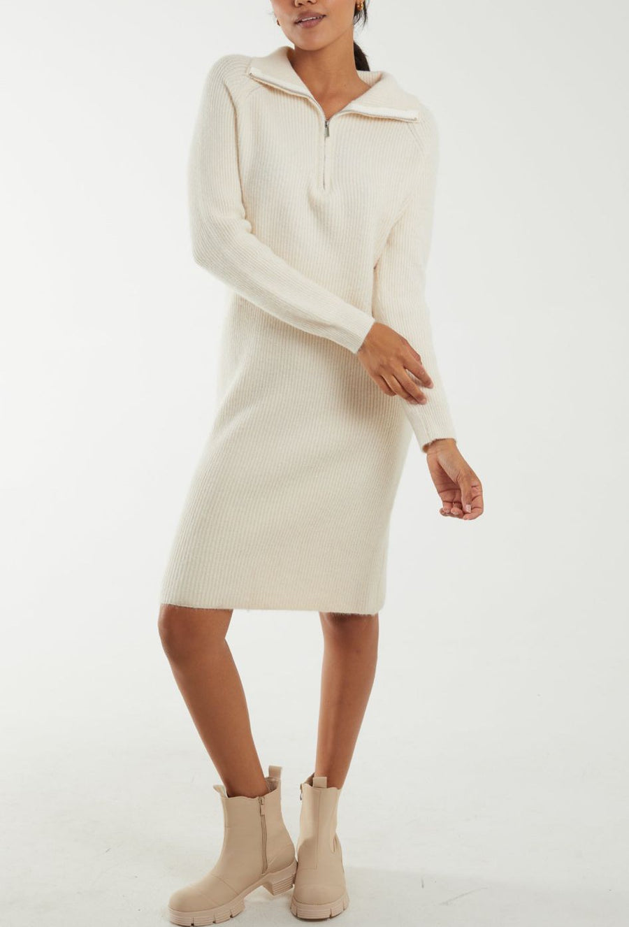 Half Zip Knit Midi Dress - Stone