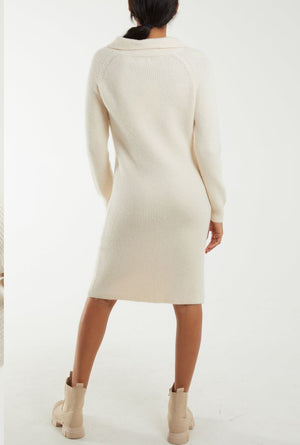 Half Zip Knit Midi Dress - Stone