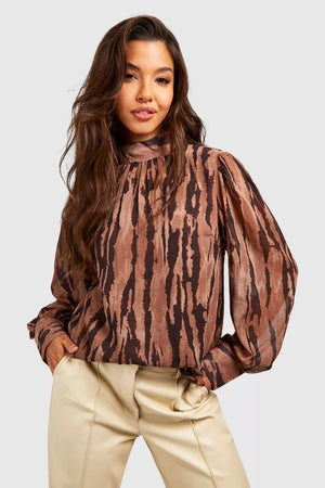 High Neck Animal Print Blouse - Brown