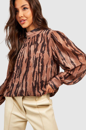 High Neck Animal Print Blouse - Brown