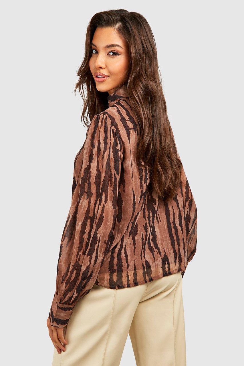 High Neck Animal Print Blouse - Brown